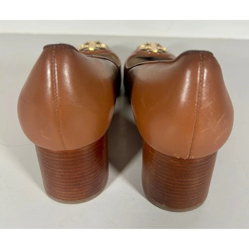 Tory Burch Claire Tan Leather Block Heel Logo Medallion Pumps 8.5M